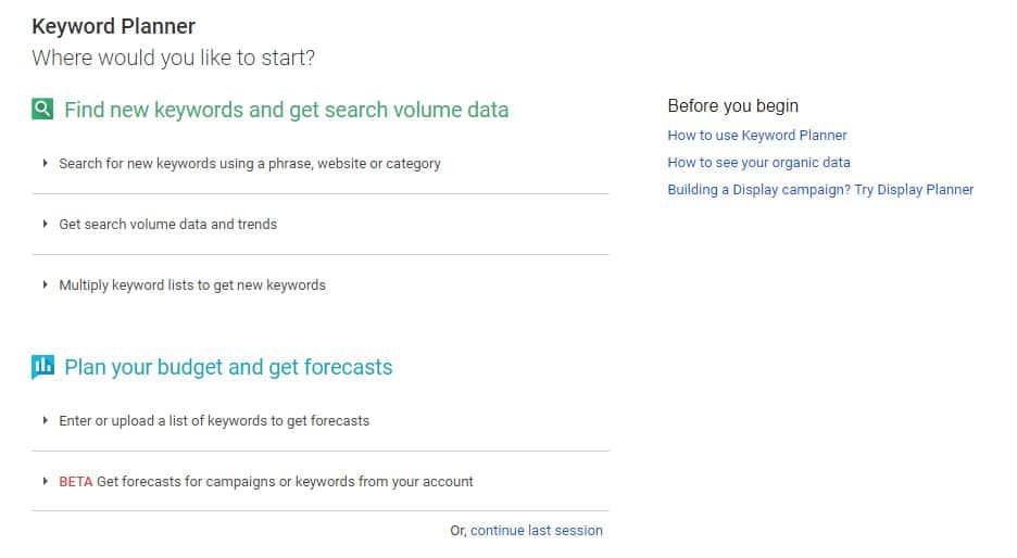 Screenshot of Google Keyword planner for SEO