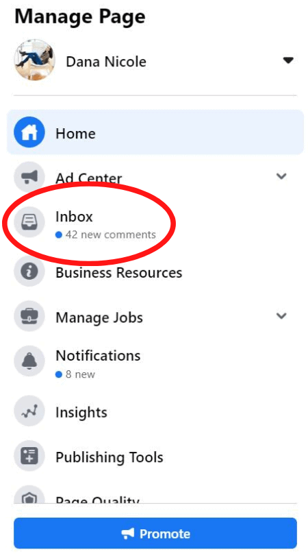 A screenshot of Facebook's message center